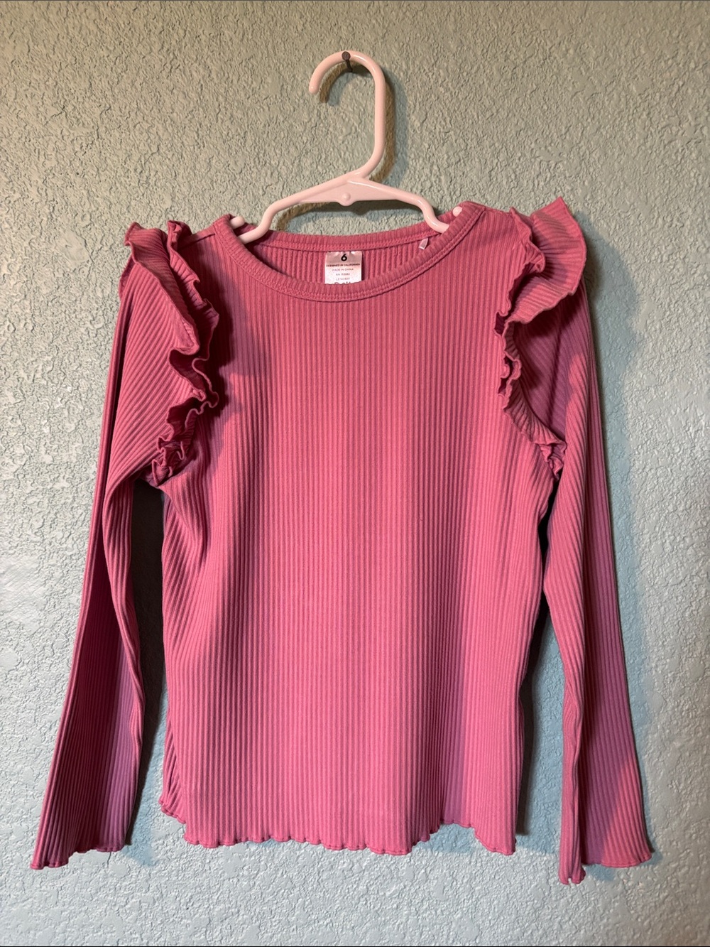 Play by Little Sleepies Girls Ribbed Ruffle Pink Long-Sleeve Top Size 6 Good